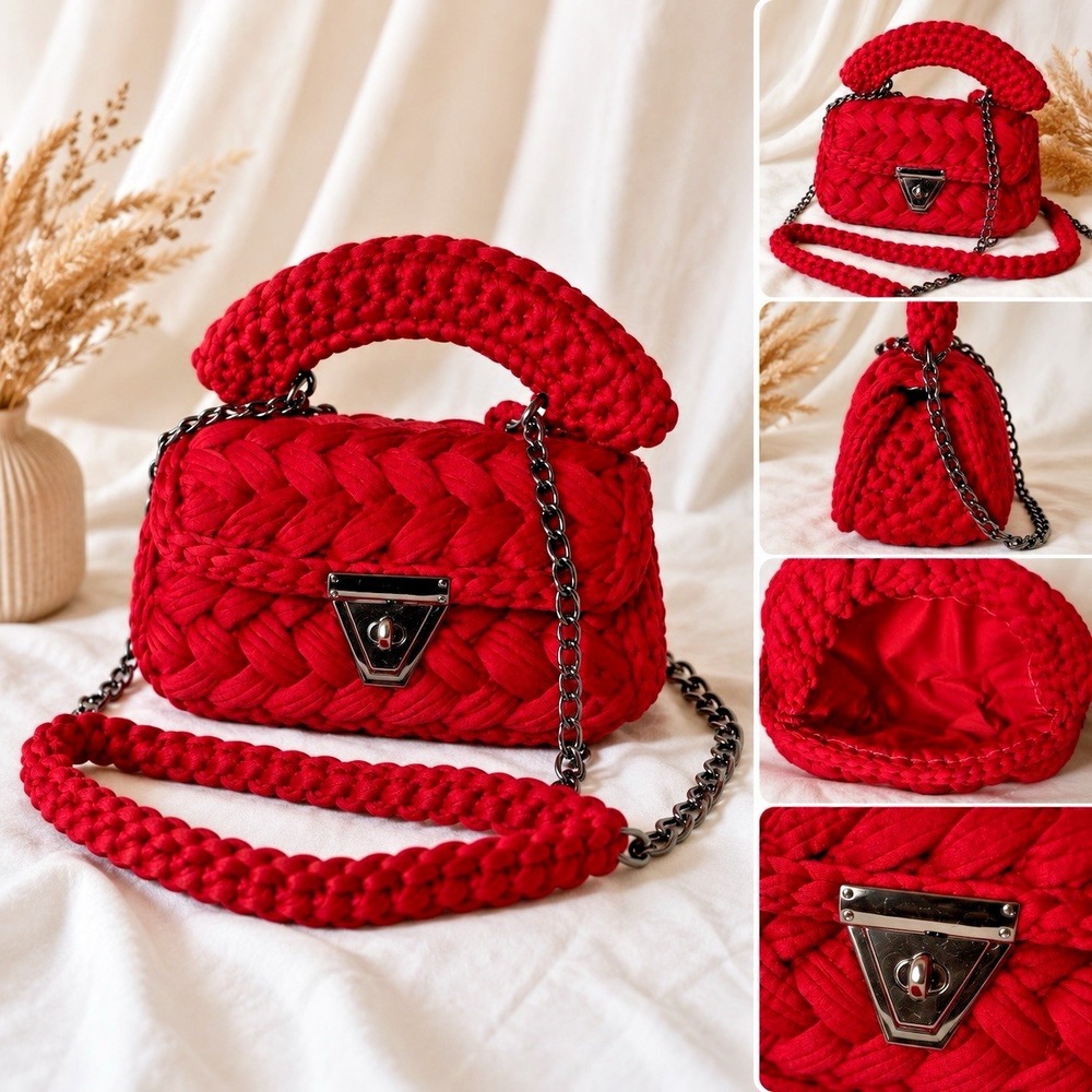 Artisan Crochet Handbag Red Chunky Woven Purse With Metal Chain Strap